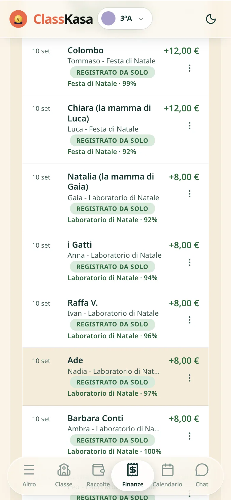 Un elenco di bonifici bancari: in ogni riga il cognome della famiglia, l'etichetta verde registrato da solo, a quale raccolta è andato il pagamento e l'importo