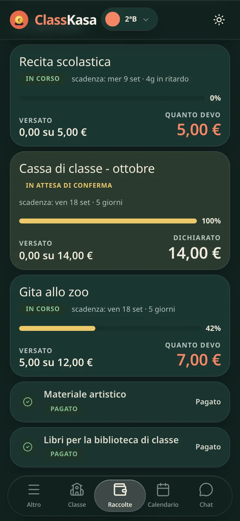 Schermata del genitore con l'elenco delle raccolte: in alto una raccolta scaduta, con l'importo in rosso su quanto devo, sotto quella in attesa di conferma, con l'importo dichiarato, poi un'altra con l'importo in rosso e, in fondo, due pagate con la spunta verde. Sotto, la barra di navigazione.