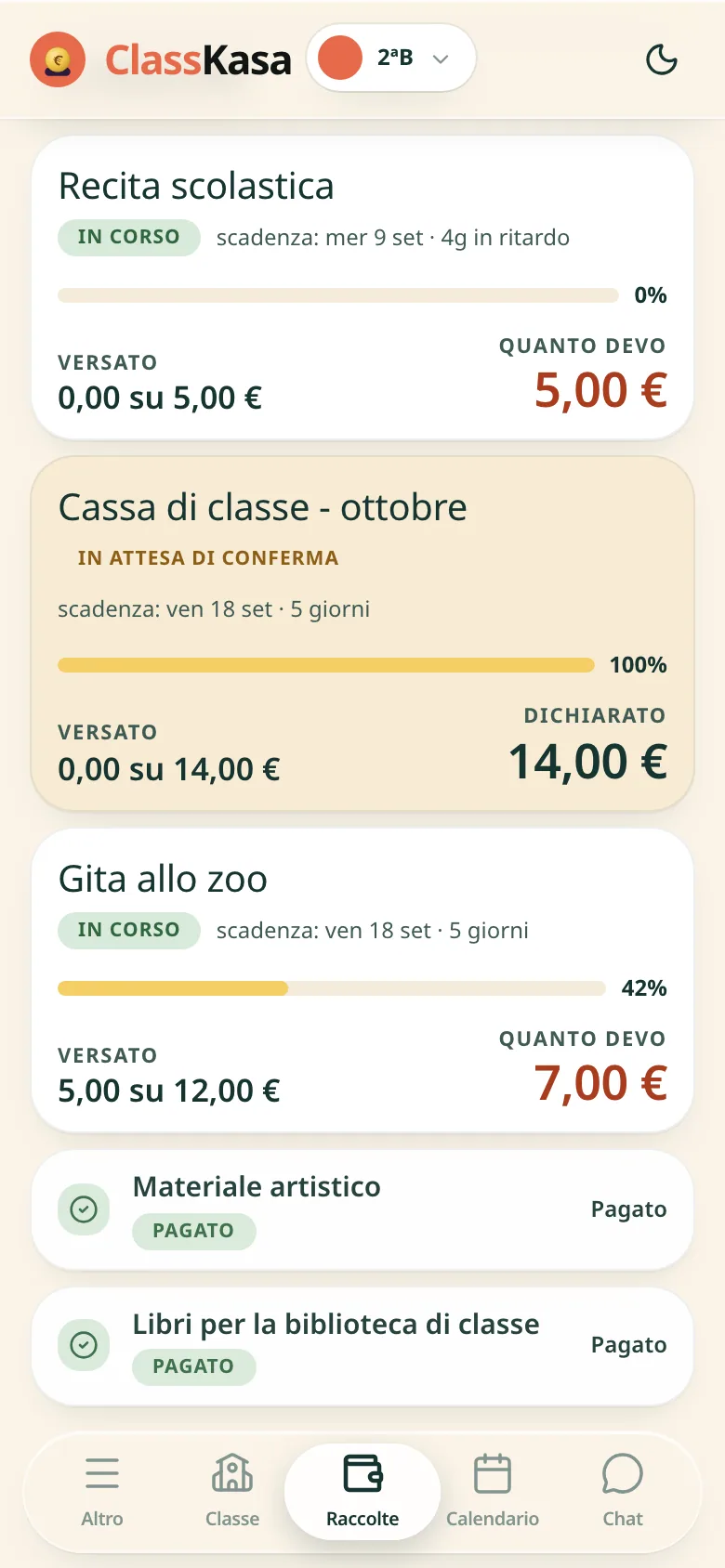 Schermata del genitore con l'elenco delle raccolte: in alto una raccolta scaduta, con l'importo in rosso su quanto devo, sotto quella in attesa di conferma, con l'importo dichiarato, poi un'altra con l'importo in rosso e, in fondo, due pagate con la spunta verde. Sotto, la barra di navigazione.